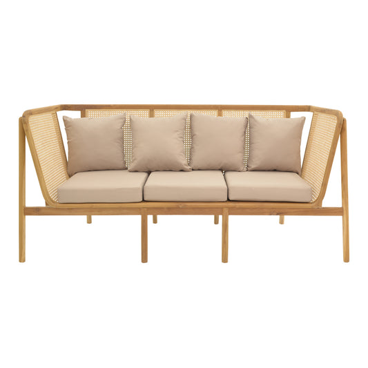 Jenta Three-Seater Sofa in Teak Wood and Natural-Colored Rattan with Beige Cushion 203x67x92