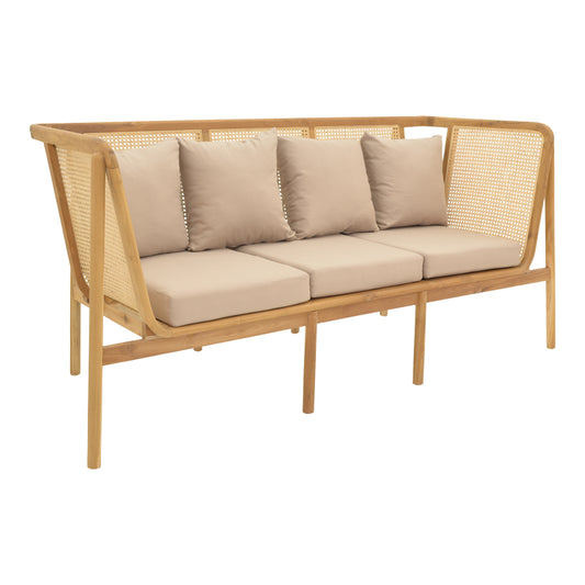 Jenta Three-Seater Sofa in Teak Wood and Natural-Colored Rattan with Beige Cushion 203x67x92