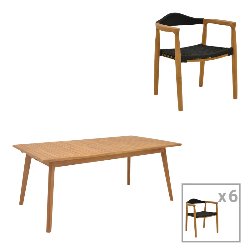 Τραπεζαρία 7 Τεμ Ganny-Pino Teak Ξύλο σε Φυσική - Μαυρη Απόχρωση 180/240x100x75