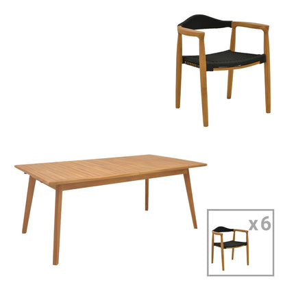 Τραπεζαρία 7 Τεμ Ganny-Pino Teak Ξύλο σε Φυσική - Μαυρη Απόχρωση 180/240x100x75