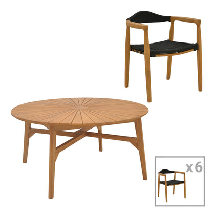 Τραπεζαρία 7 Τεμ Ganny-Colen Teak Ξύλο σε Φυσική-Μαύρη Απόχρωση Φ150x75