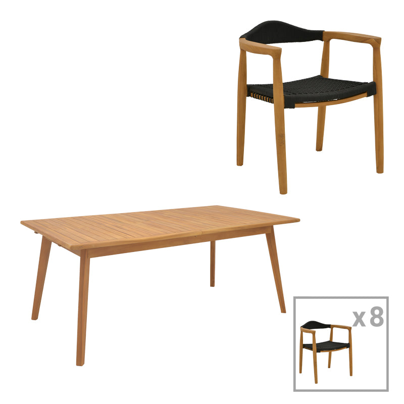 Τραπεζαρία 9 Τεμ Ganny-Pino Teak Ξύλο σε Φυσική - Μαύρη Απόχρωση 180/240x100x75