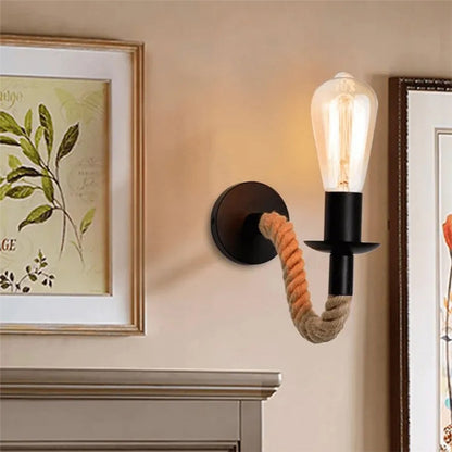 Φωτιστικό Τοίχου-Απλίκα Kaniwel E27 Μέταλλο και Σχοινί σε Μαύρη-Φυσική Απόχρωση 28x10x10