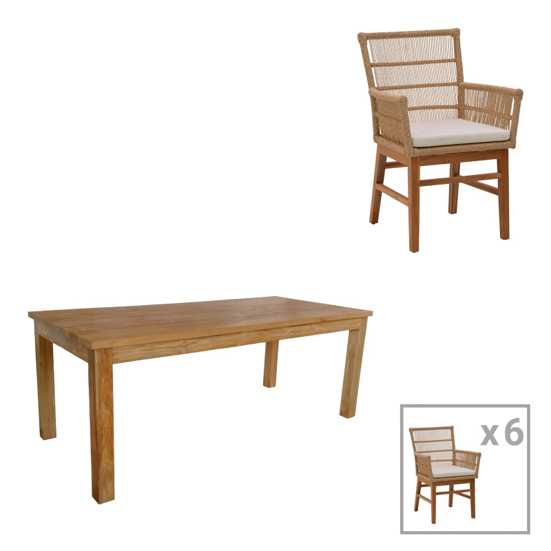 Τραπεζαρία Inca-Wooly Σετ 7 Τεμ σε Φυσική-Μπεζ Απόχρωση 220x90x75