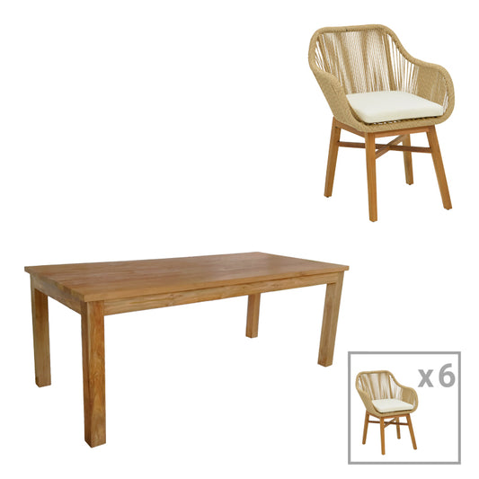 Τραπεζαρία Kalie-Wooly Σετ 7 Τεμ σε Φυσική-Μπεζ Απόχρωση 220x90x75