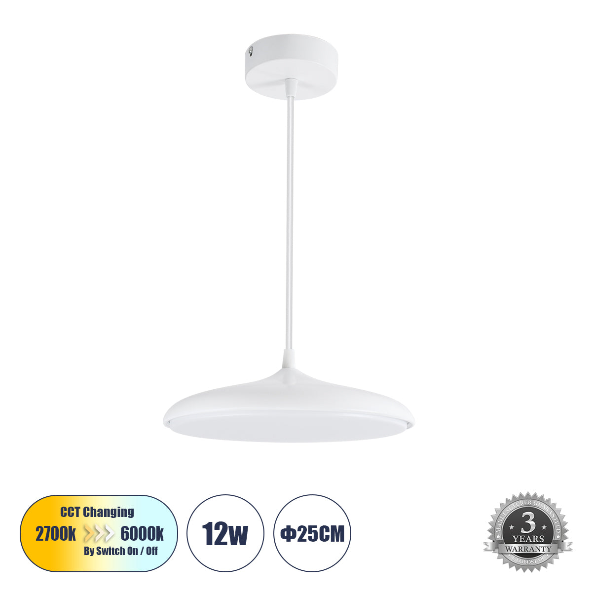 BARON 61252 Κρεμαστή Πλαφονιέρα Οροφής LED CCT 12W 1440lm 120° AC 220-240V - Εναλλαγή Φωτισμού μέσω Διακόπτη On/Off All In One Ψυχρό 6000k+Φυσικό 4500k+Θερμό 2700k Φ25 x Υ8cm - Λευκό