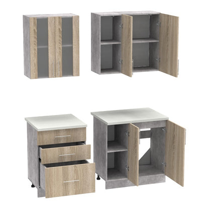 Σύνθεση Κουζίνας Festa III Μελαμίνη σε Sonoma Απόχρωση και Πάγκο σε Ανοιχτό Γκρι 140x60x85