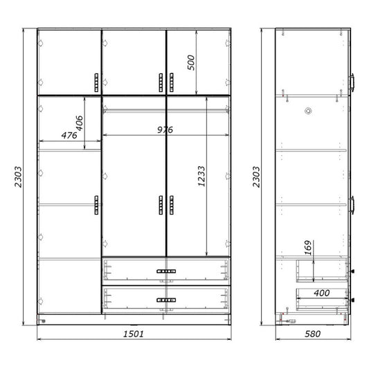 Ντουλάπα Τρίφυλλη με Συρτάρια Royal σε Sonoma Απόχρωση 150x58x230