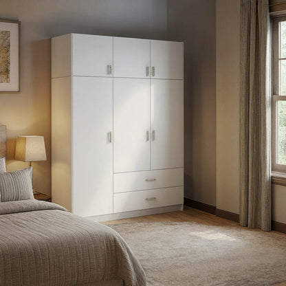 Ντουλάπα Τρίφυλλη Royal με Συρτάρια και Πατάρι Λευκό 150x58x230