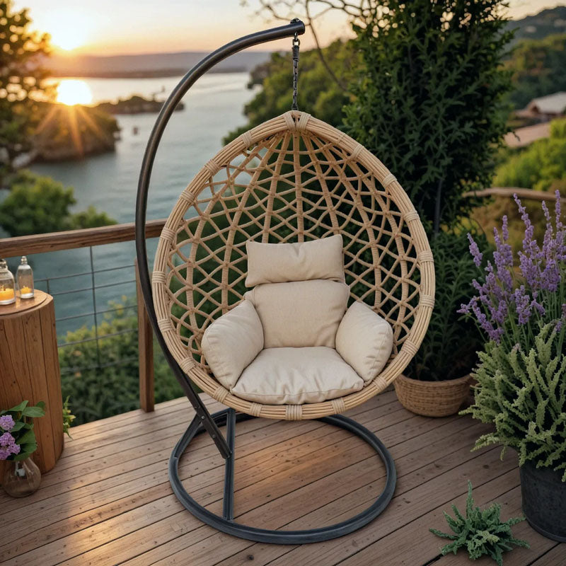 Κούνια Φωλιά με Βάση Lyere Μέταλλο Καφέ-PE Rattan σε Μπεζ Απόχρωση 120x108x195