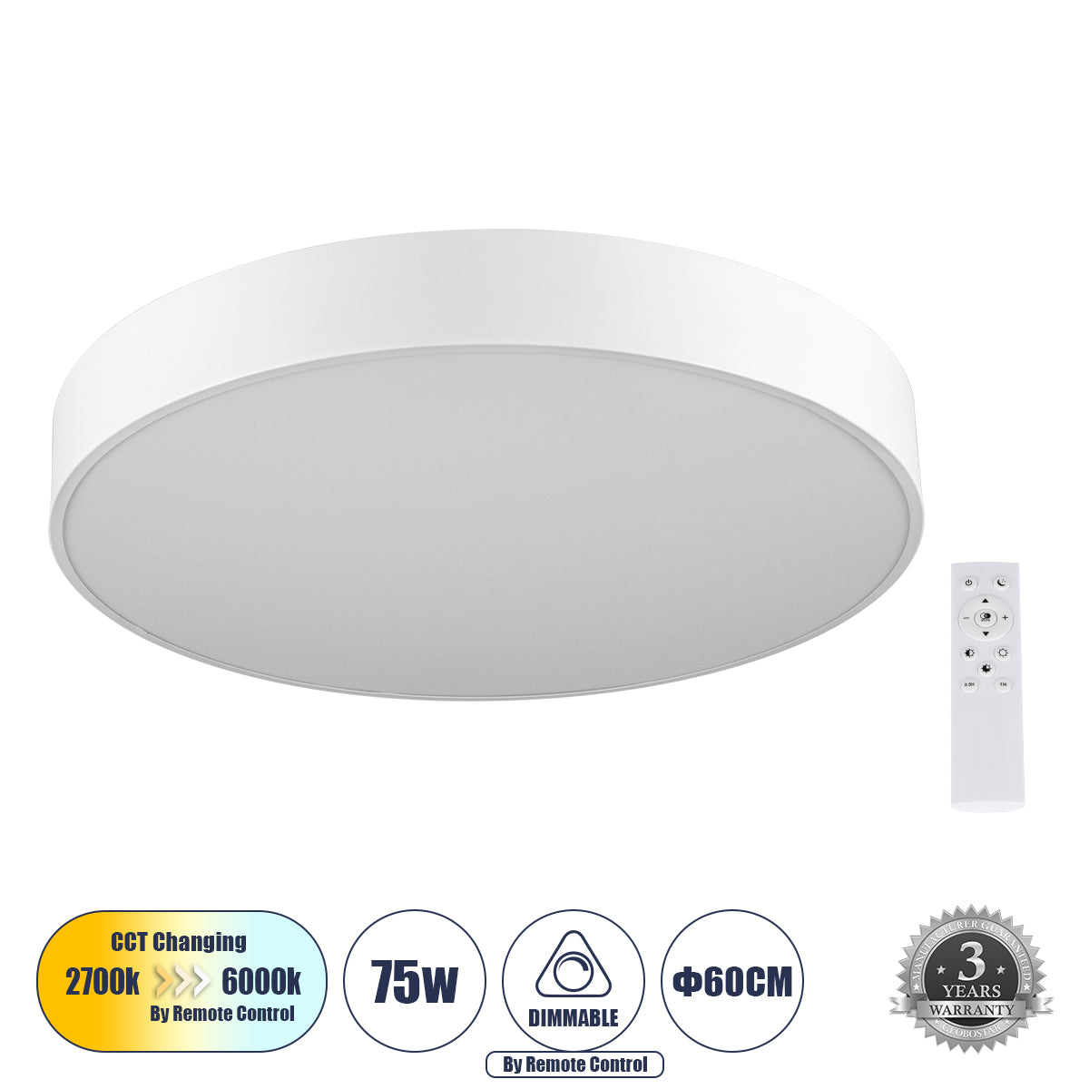 BURTON 61203-S Πλαφονιέρα Οροφής LED CCT 75W 8625lm 120° AC 220-240V - Εναλλαγή Φωτισμού μέσω Τηλεχειριστηρίου All In One Ψυχρό 6000k+Φυσικό 4500k+Θερμό 2700k Dimmable Φ60cm - Λευκό