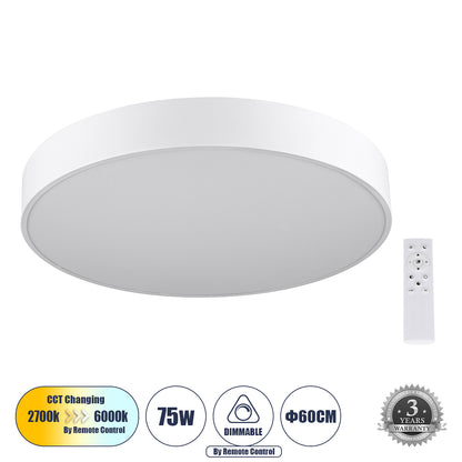 BURTON 61203-S Πλαφονιέρα Οροφής LED CCT 75W 8625lm 120° AC 220-240V - Εναλλαγή Φωτισμού μέσω Τηλεχειριστηρίου All In One Ψυχρό 6000k+Φυσικό 4500k+Θερμό 2700k Dimmable Φ60cm - Λευκό