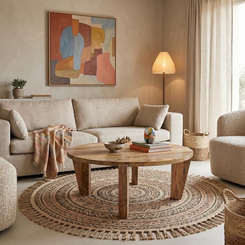 Japandi Mango Wood Coffee Table in Natural Colour Ø90x35