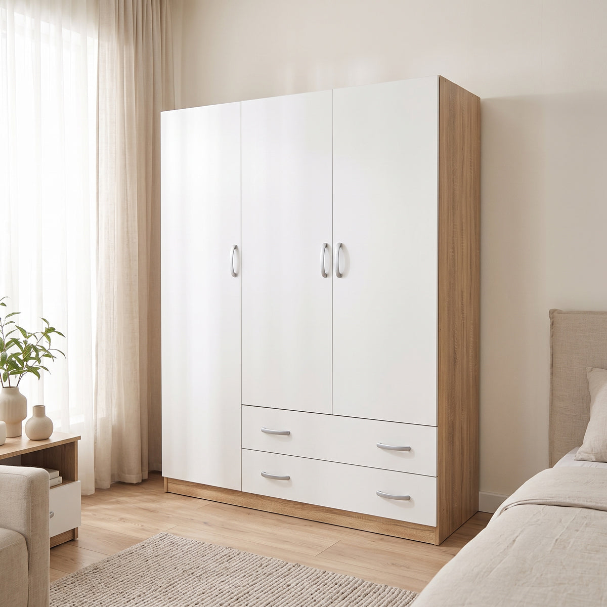 Ντουλάπα Τρίφυλλη με 2 Συρτάρια Alvia Λευκό με Sonoma 150x51x180