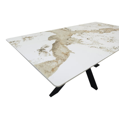 Bethan Sintered Stone-Metal Dining Table White Marble-Black 180x90x75