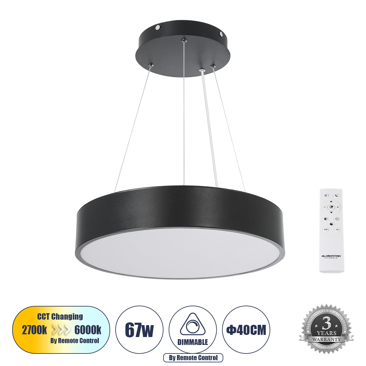 BURTON 61200-P Κρεμαστή Πλαφονιέρα Οροφής LED CCT 67W 7370lm 120° AC 220-240V - Εναλλαγή Φωτισμού μέσω Τηλεχειριστηρίου All In One Ψυχρό 6000k+Φυσικό 4500k+Θερμό 2700k Dimmable Φ40cm - Μαύρο