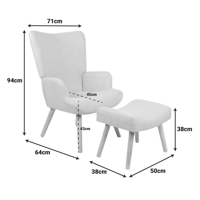 Πολυθρόνα-Μπερζέρα με Υποπόδιο Gerlina Ανθρακί Ύφασμα με Πόδι σε Φυσική Απόχρωση 71x64x94