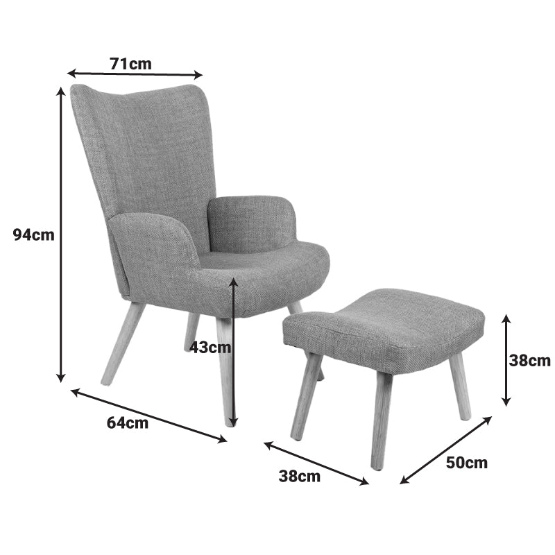 Gerlina Armchair-Bergere with Ottoman Light Grey Fabric with Natural Wood Legs 71x64x94