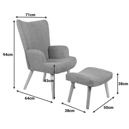 Gerlina Armchair-Bergere with Ottoman Light Grey Fabric with Natural Wood Legs 71x64x94