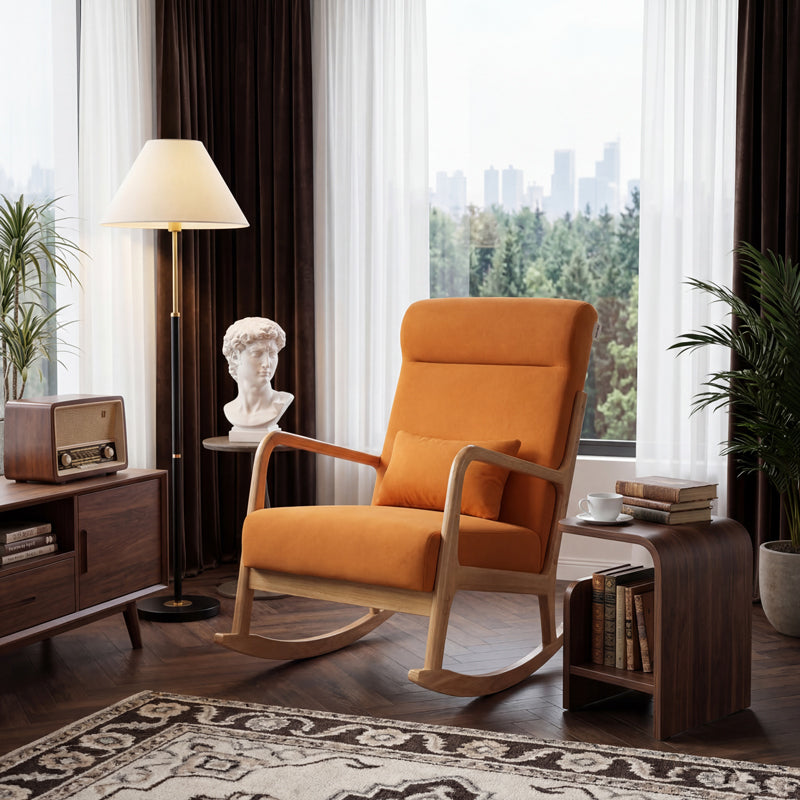Rocking Armchair Edeldy Orange Fabric with Natural Wood Legs 102x66x99