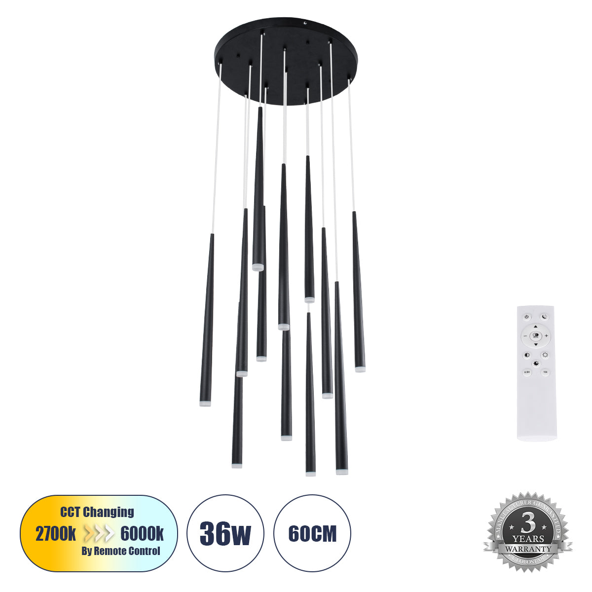 TEARS 61313 Κρεμαστό Φωτιστικό Οροφής Design LED CCT 36W 3960lm 180° AC 220-240V - Εναλλαγή Φωτισμού μέσω Τηλεχειριστηρίου All In One Ψυχρό 6000k+Φυσικό 4500k+Θερμό 2700k Dimmable Φ60 x Υ51.5cm - Μαύρο