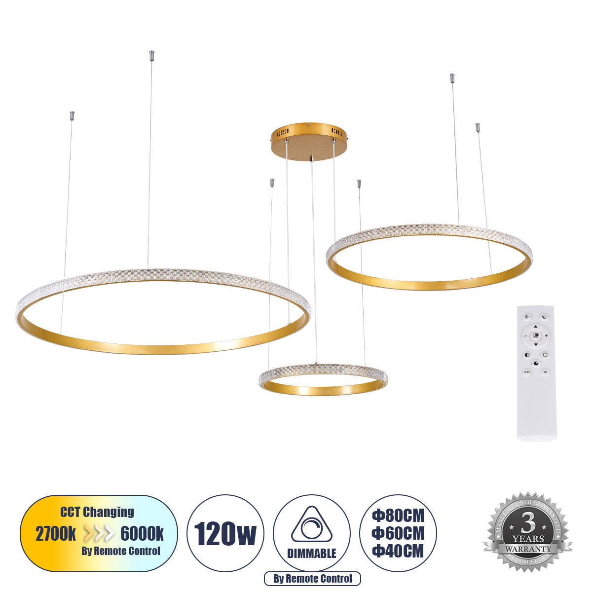 DIAMOND TRIO 61145 Μοντέρνο Κρεμαστό Φωτιστικό Οροφής LED 120W 14723lm 360° AC 220-240V IP20 Ρυθμιζόμενο Λευκό CCT με Χειριστήριο από 2700K έως 6000K Dimmable - Lumileds SMD Chip - Χρυσό Βούρτσας - Μ150 x Π150 x Υ60