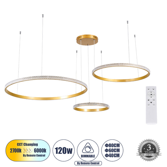 DIAMOND TRIO 61145 Μοντέρνο Κρεμαστό Φωτιστικό Οροφής LED 120W 14723lm 360° AC 220-240V IP20 Ρυθμιζόμενο Λευκό CCT με Χειριστήριο από 2700K έως 6000K Dimmable - Lumileds SMD Chip - Χρυσό Βούρτσας - Μ150 x Π150 x Υ60