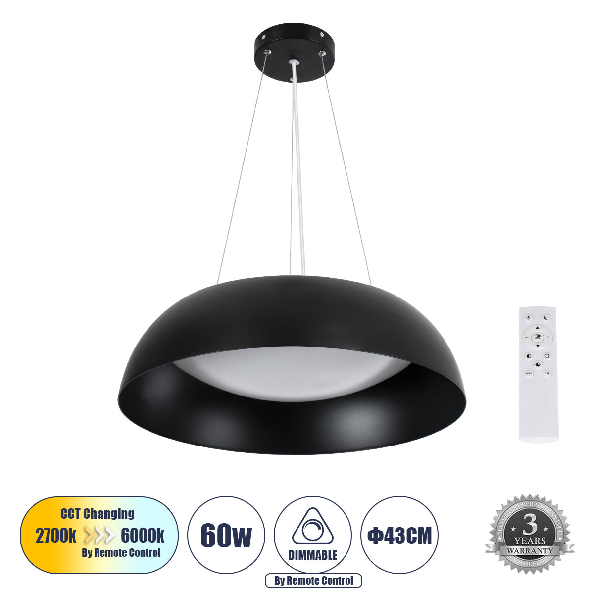 ANATOLIA 61267 Κρεμαστή Πλαφονιέρα Οροφής LED CCT 60W 6900lm 120° AC 220-240V - Εναλλαγή Φωτισμού μέσω Τηλεχειριστηρίου All In One Ψυχρό 6000k+Φυσικό 4500k+Θερμό 2700k Dimmable Φ43cm - Μαύρο