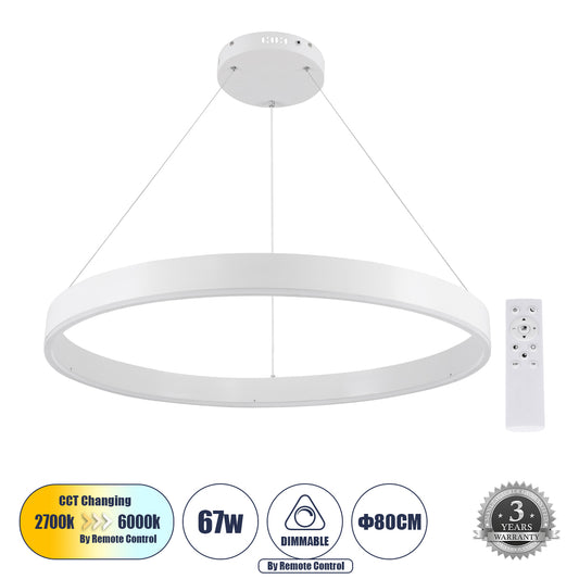 VENOM 61180 Μοντέρνο Κρεμαστό Φωτιστικό Οροφής LED 67W 7863lm 120° AC 220-240V IP20 Ρυθμιζόμενο Λευκό CCT με Χειριστήριο από 2700K έως 6000K Dimmable - Lumileds SMD Chip - Λευκό Ματ - Μ80 x Π80 x Υ6.5