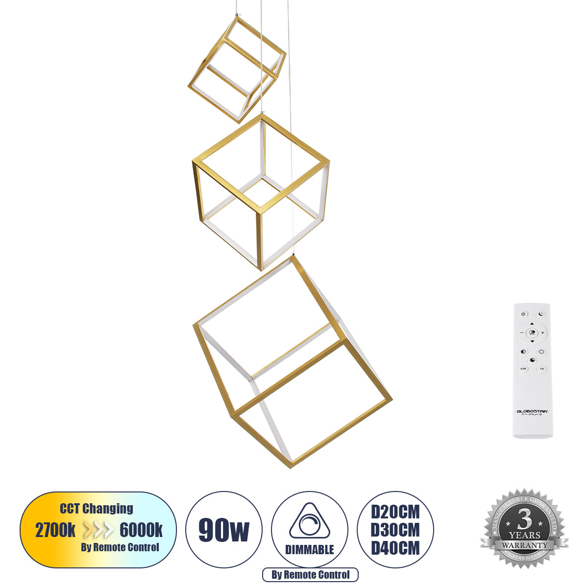 KIBOO-TRIO 60932 Κρεμαστό Φωτιστικό Οροφής Design LED CCT 90W 10350lm 360° AC 220-240V - Εναλλαγή Φωτισμού μέσω Τηλεχειριστηρίου All In One Ψυχρό 6000k+Φυσικό 4500k+Θερμό 2700k Dimmable Μ60 x Π60 x Υ80cm - Χρυσό Πλατίνα