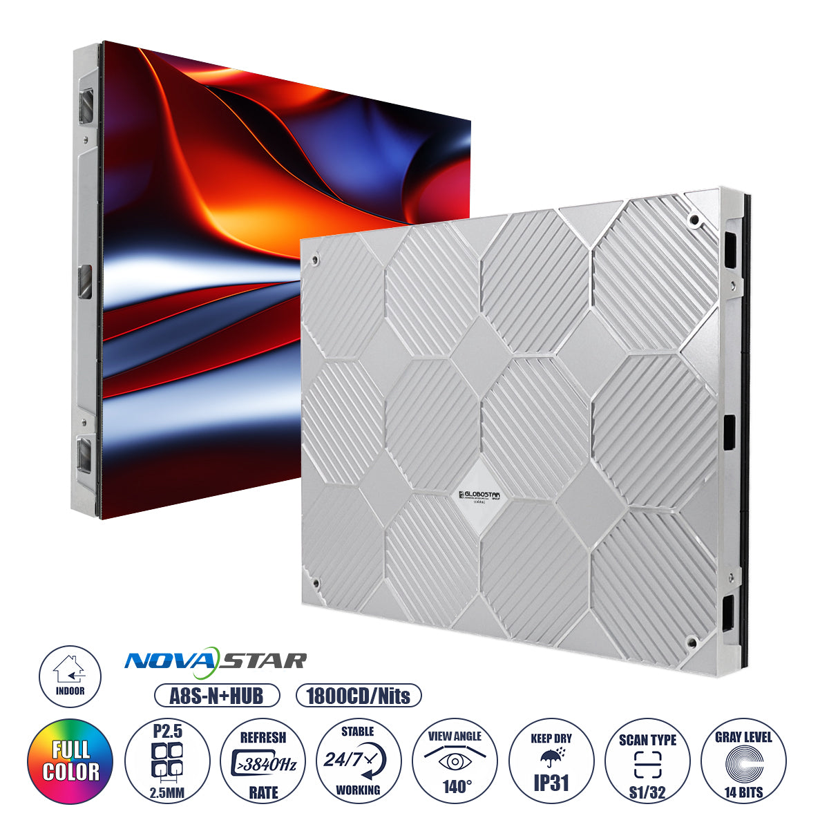 LUXCORE 41004 Οθόνη Video Wall P2.5 Καμπίνα 64x48cm LED 140W 3840Hz 49152 Dots ≥1800cd/㎡ Nits AC 220-240V Εσωτερικού Χώρου IP31 Full Color S1/32 14Bits - Κάρτα NovaStar A8S-N+HUB - Front Magnetic Service - Kinglight SMD2121 & CZCL Driver - Μ64 x Π9 x Υ48