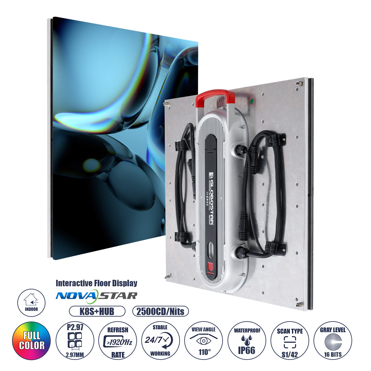 FLOORWALL 41010 Διαδραστική Οθόνη Πατώματος Video Wall P2.97 Καμπίνα 50x50cm LED 200W 3840Hz 28224 Dots ≥4500cd/㎡ Nits AC 220-240V Εξωτερικού Χώρου IP65 Full Color S1/42 14Bits - Κάρτα Colorlight DL-S65 - Kinglight SMD1415 & CZCL Driver - Μ50 x Π8 x Υ50