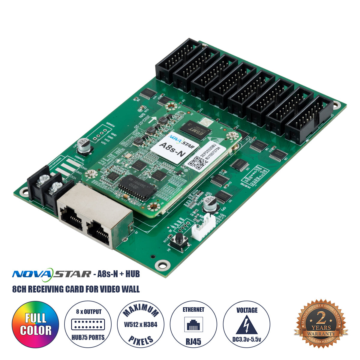 A8S-N+HUB 41022 Novastar A8S-N+HUB Receiving Card για Οθόνες LED Video Wall 8 x HUB75E με Loading Capacity σε Pixel 512 x 384px - Gigabit Network Ethernet Input & Output Ports - DC 5V IP20 - Μ7 x Π4.5 x Υ0.8