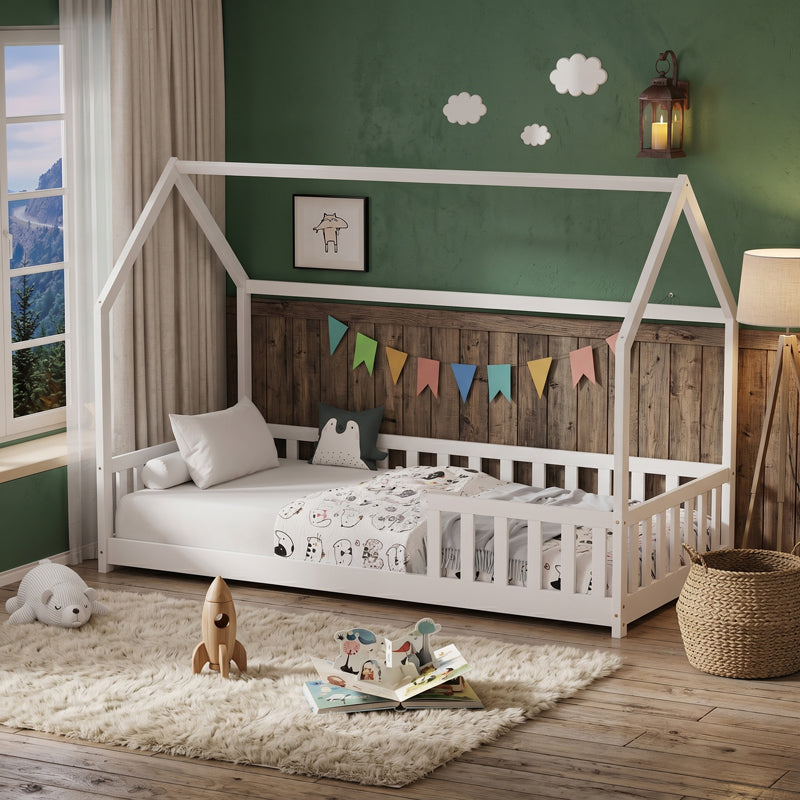 Bambie Children's Bed with Montessori Style Railing White Pine Wood 70x140cm