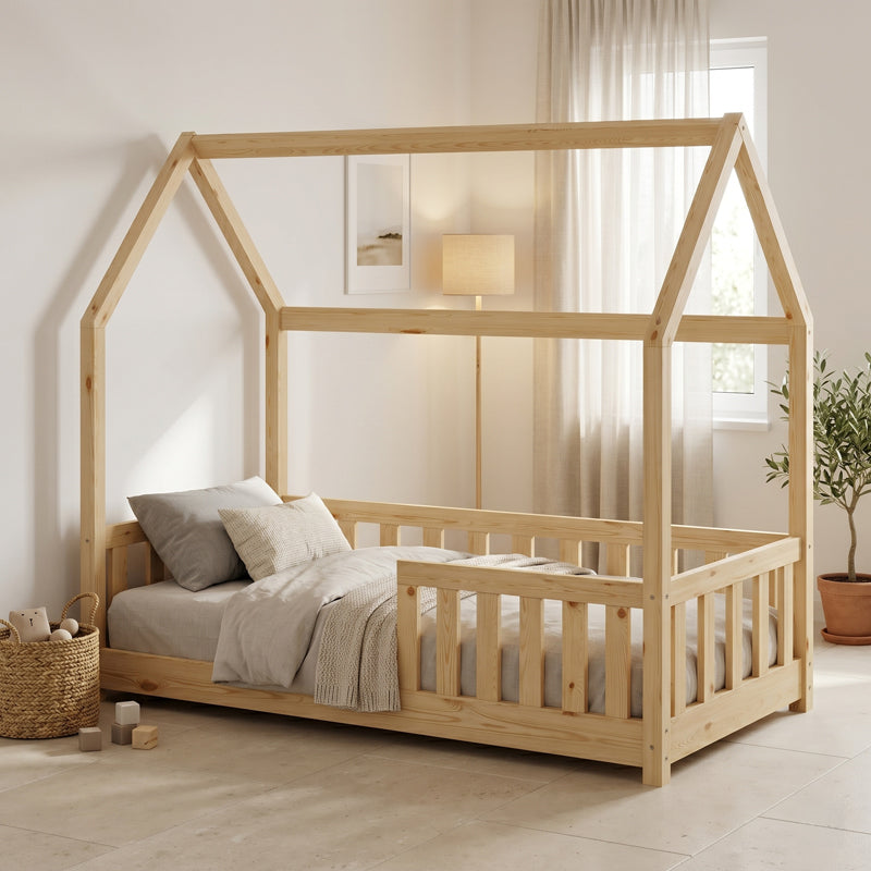 Bambie Children's Bed with Montessori Style Railing, Pine Wood in Natural Shade 70x140cm