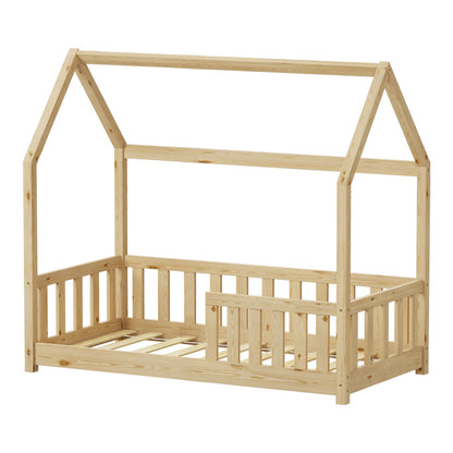 Bambie Children's Bed with Montessori Style Railing, Pine Wood in Natural Shade 70x140cm