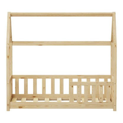 Bambie Children's Bed with Montessori Style Railing, Pine Wood in Natural Shade 70x140cm