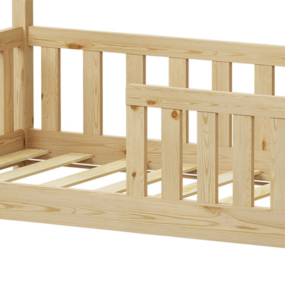 Bambie Children's Bed with Montessori Style Railing, Pine Wood in Natural Shade 70x140cm