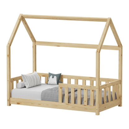 Bambie Children's Bed with Montessori Style Railing, Pine Wood in Natural Shade 70x140cm