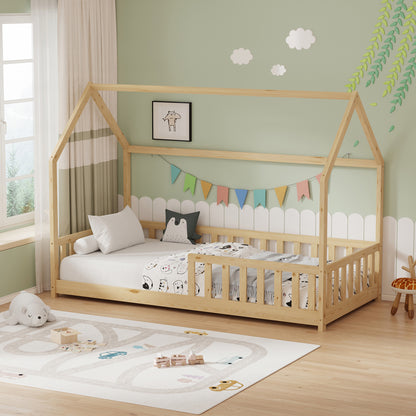 Bambie Children's Bed with Montessori Rail Pine Wood in Natural Tone 90x190cm