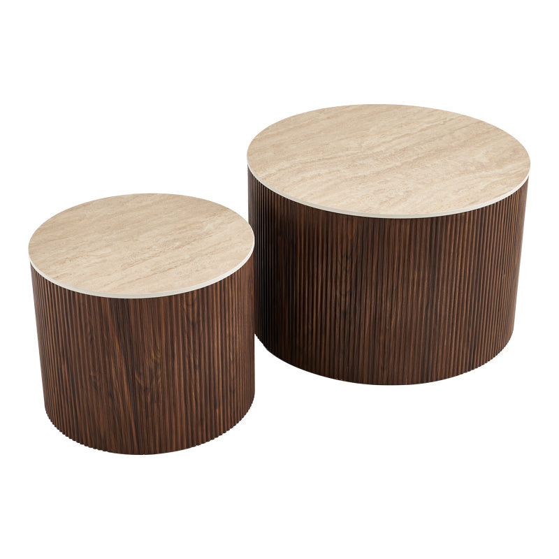 Nelba Living Room Tables 2 pcs MDF Walnut - Beige Travertine Look