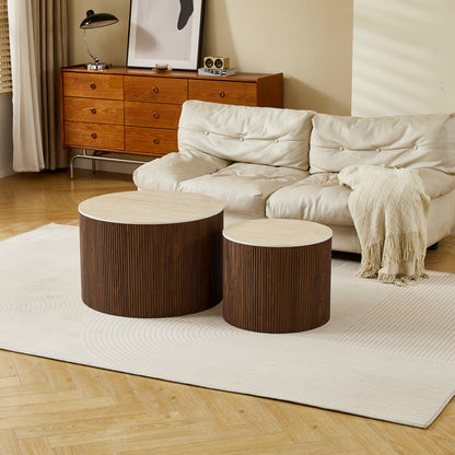 Nelba Living Room Tables 2 pcs MDF Walnut - Beige Travertine Look