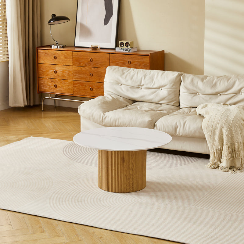 Sikulu Living Room Table MDF Oak - White Travertine Top Φ80x40