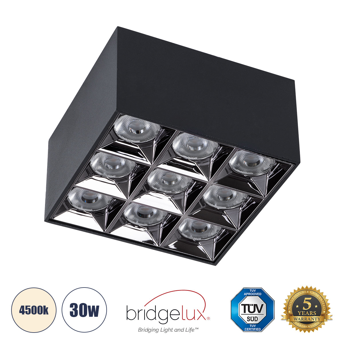 LUMINAR SUPERIOR 60336 Επιφανειακό LED Spot Downlight TrimLess 30W 4200lm 36° AC 220-240V IP20 Μ12 x Π12 x Υ6.6cm - Μαύρο με Κάτοπτρο Χρωμίου - Φυσικό Λευκό 4500K - Bridgelux High Lumen Chip Gen2 - TÜV Certified Driver