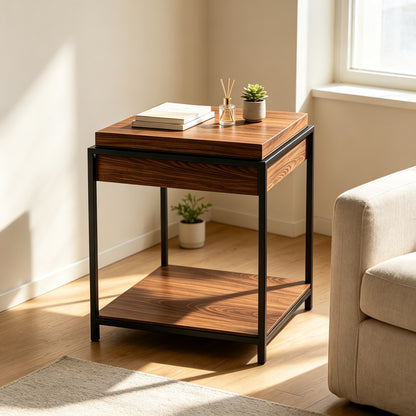Odar Side Table with Storage Walnut MDF with Black Metal 51x51x60