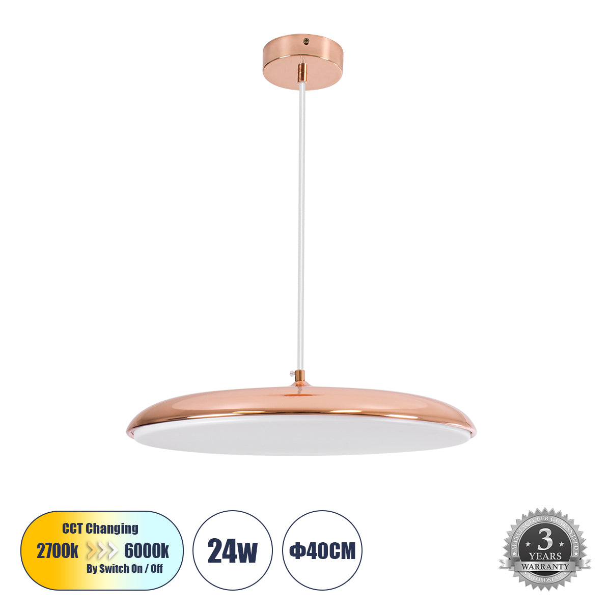 BARON 61256 Κρεμαστή Πλαφονιέρα Οροφής LED CCT 24W 2880lm 120° AC 220-240V - Εναλλαγή Φωτισμού μέσω Διακόπτη On/Off All In One Ψυχρό 6000k+Φυσικό 4500k+Θερμό 2700k Φ40 x Υ10cm - Χάλκινο Πλατίνα