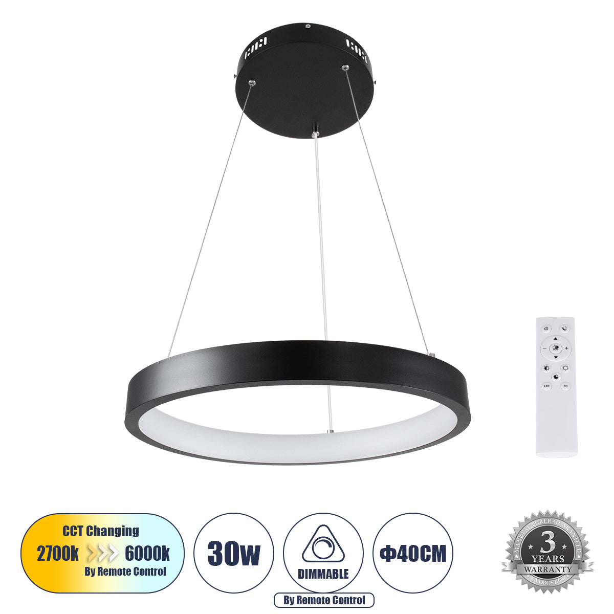 NEMESIS 61155 Μοντέρνο Κρεμαστό Φωτιστικό Οροφής LED 30W 3513lm 360° AC 220-240V IP20 Ρυθμιζόμενο Λευκό CCT με Χειριστήριο από 2700K έως 6000K Dimmable - Lumileds SMD Chip - Μαυρό Ματ - Μ40 x Π40 x Υ4