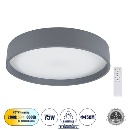NARNIA 61258 Μοντέρνο Φωτιστικό Οροφής LED 75W 8625lm 120° AC 220-240V IP20 Ρυθμιζόμενο Λευκό CCT με Χειριστήριο από 2700K έως 6000K Dimmable - Lumileds SMD Chip - Γκρι Ανθρακί Ματ - Μ45 x Π45 x Υ8