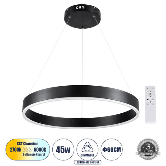 VENOM 61176 Κρεμαστό Φωτιστικό Δαχτυλίδι-Κύκλος LED CCT 45W 5269lm 120° AC 220-240V - Εναλλαγή Φωτισμού μέσω Τηλεχειριστηρίου All In One Ψυχρό 6000K+Φυσικό 4500K+Θερμό 2700K Dimmable Φ60cm - Μαύρο