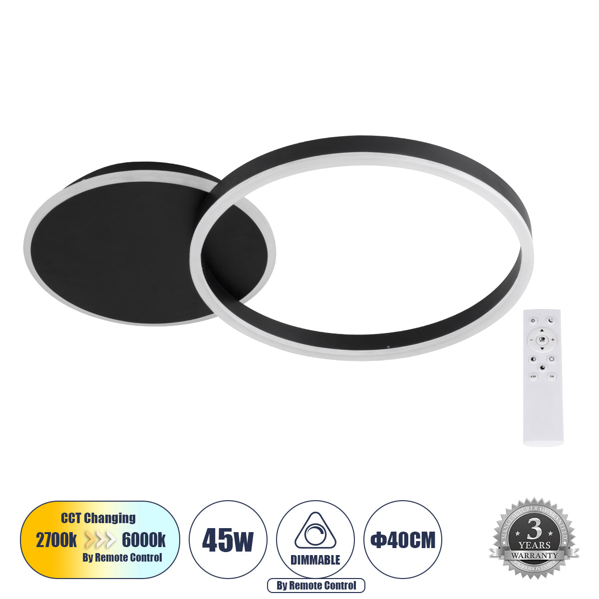 VENOM 61117 Μοντέρνο Φωτιστικό Οροφής LED 45W 5445lm 360° AC 220-240V IP20 Ρυθμιζόμενο Λευκό CCT με Χειριστήριο από 2700K έως 6000K Dimmable - Lumileds SMD Chip - Μαύρο Ματ - Μ60 x Π40 x Υ7.5